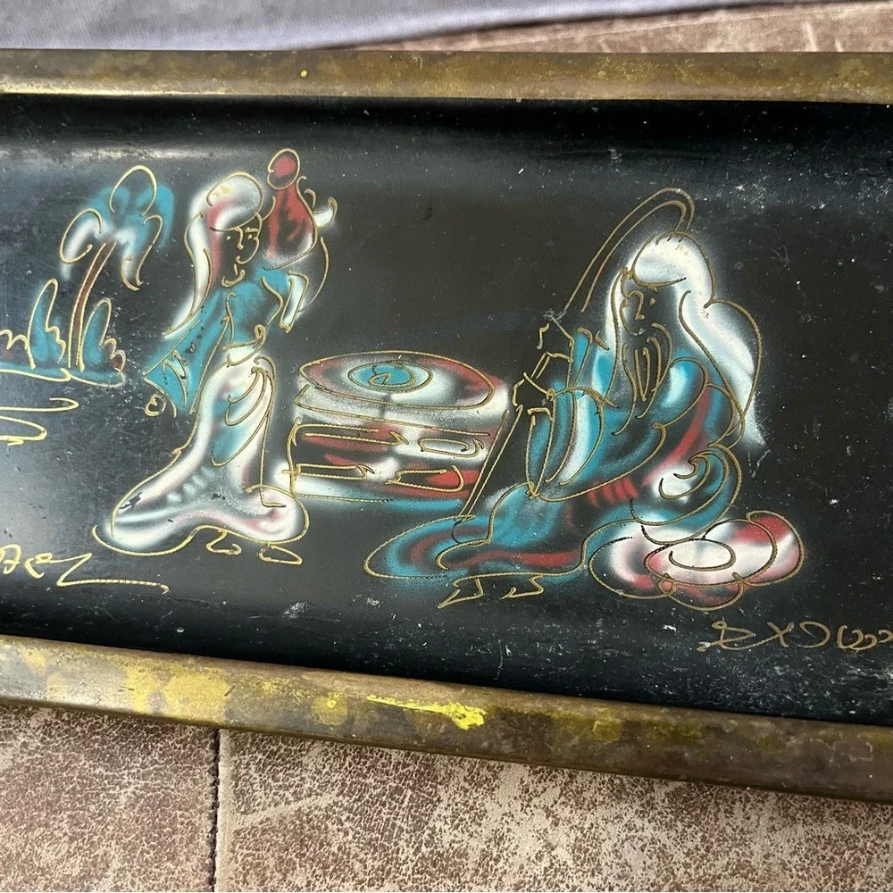 Israel Vintage Brass Enamel Tray Black Gold Hand Painted MCM Filigree Art  Plate